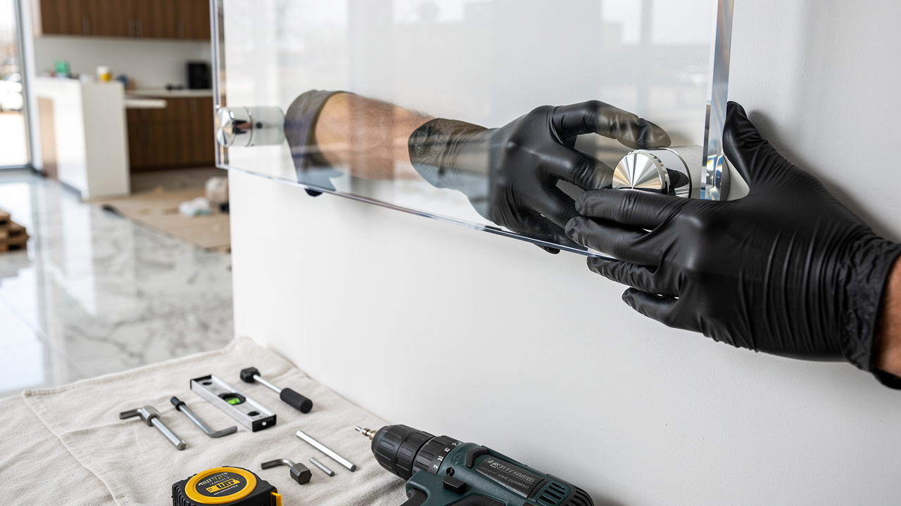 Technician installing acrylic office signage with standoff mounts