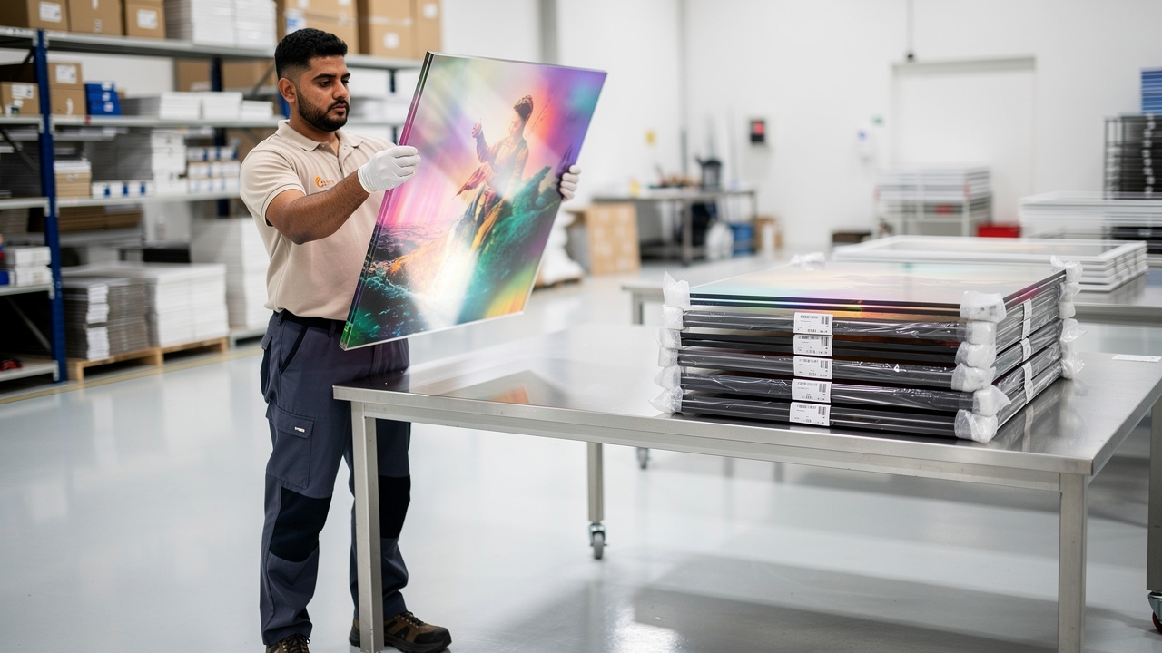 Print technician inspecting finished acrylic UV panel for quality in Dubai