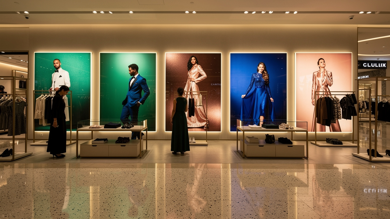 Backlit acrylic UV printed retail display panels in a Dubai shopping mall