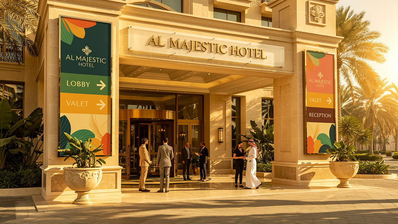 Acrylic UV printed hotel signage withstanding intense Dubai sunlight outdoors