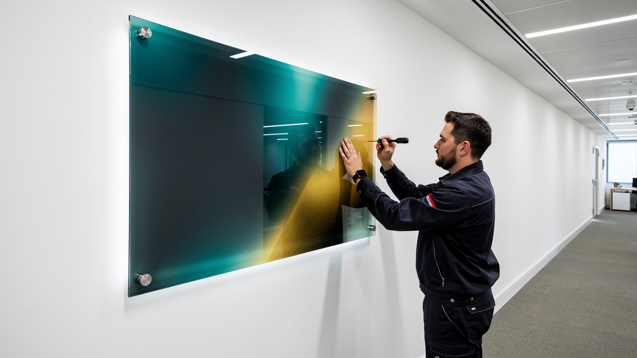Technicians installing UV printed acrylic panel with standoff fixings