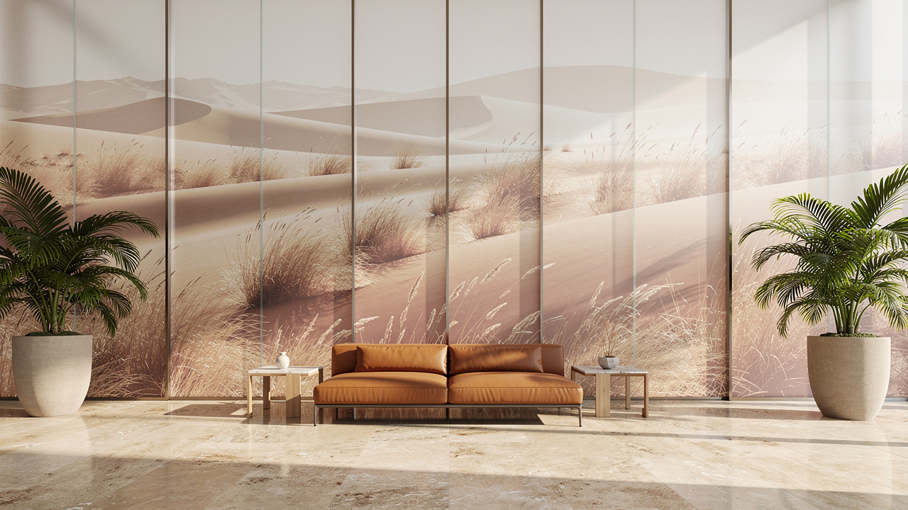 Hotel lobby with biophilic UV-printed glass wall panels