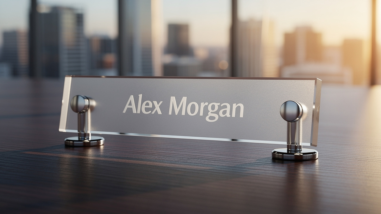 Clear cast acrylic nameplate on a modern executive desk