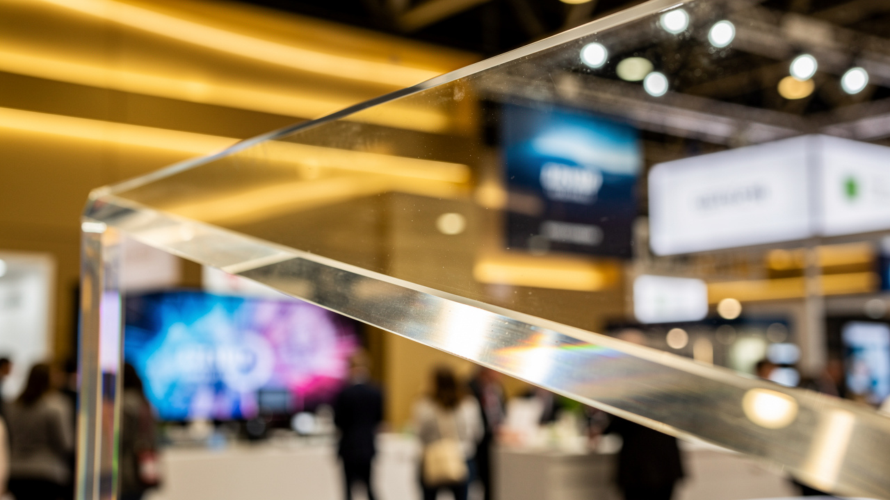 Clear acrylic panel transmitting light at trade show