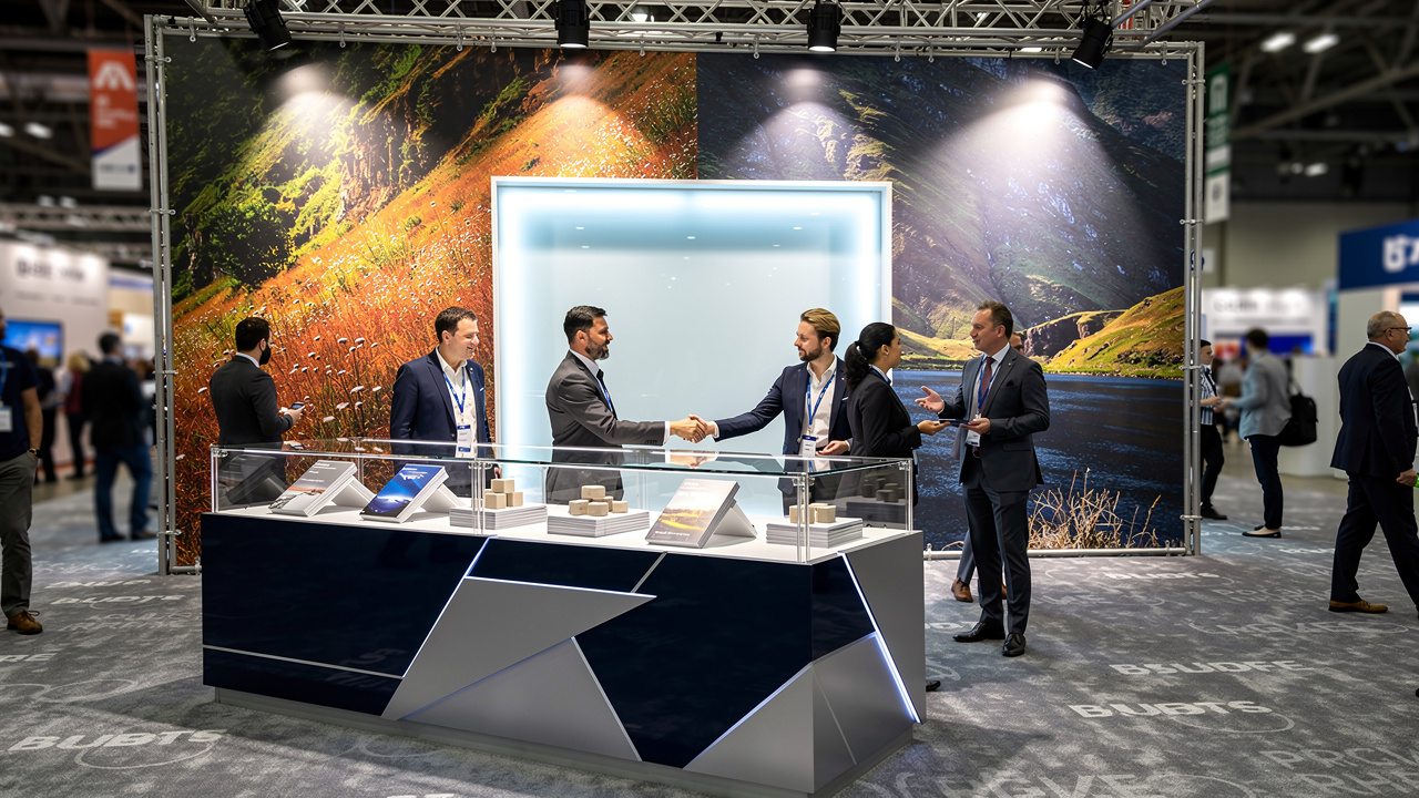 Complete acrylic exhibition booth with counters and backwall