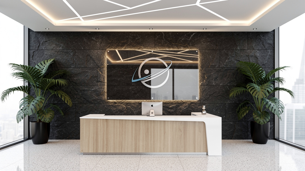 Modern corporate reception area with large acrylic logo wall panel