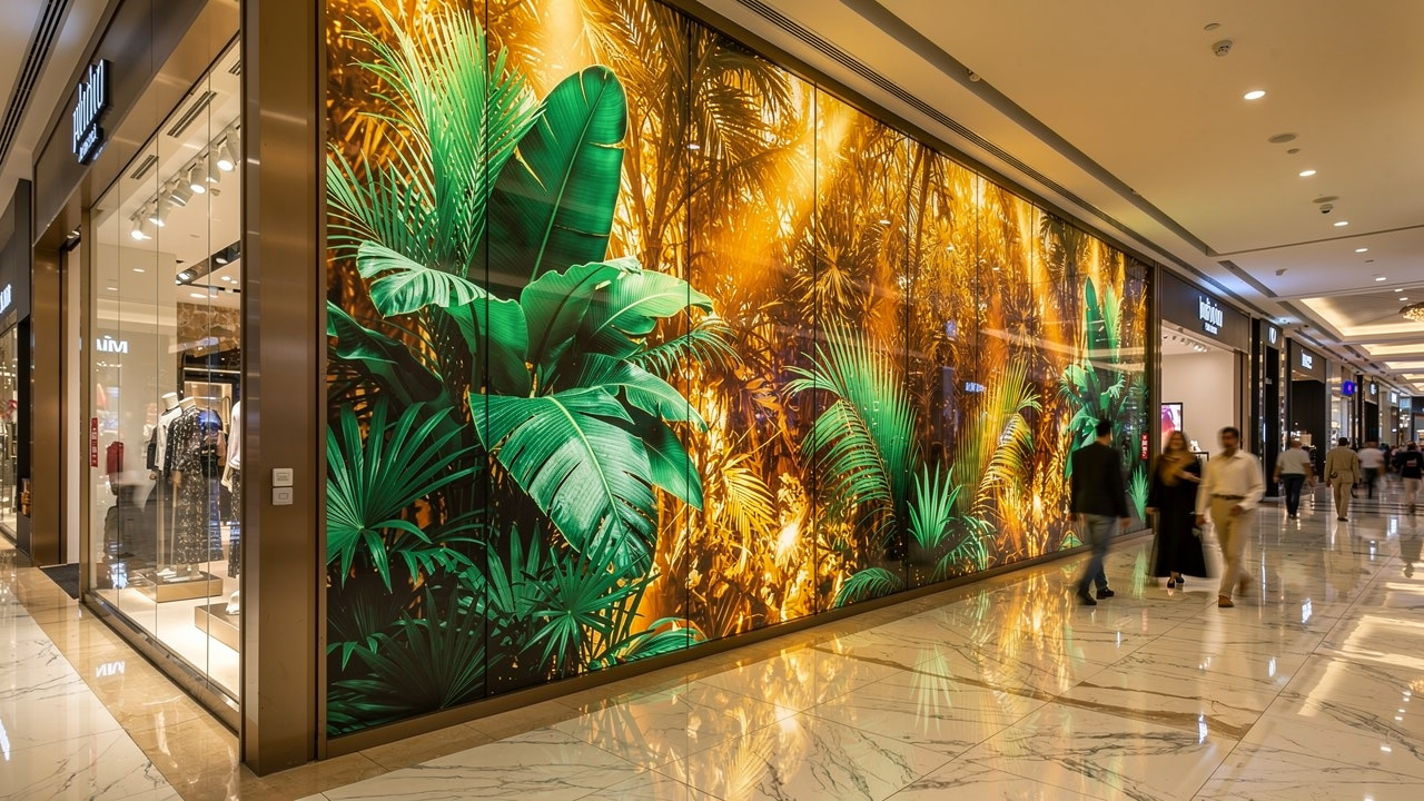 Luxury Dubai mall storefront with UV-printed display windows