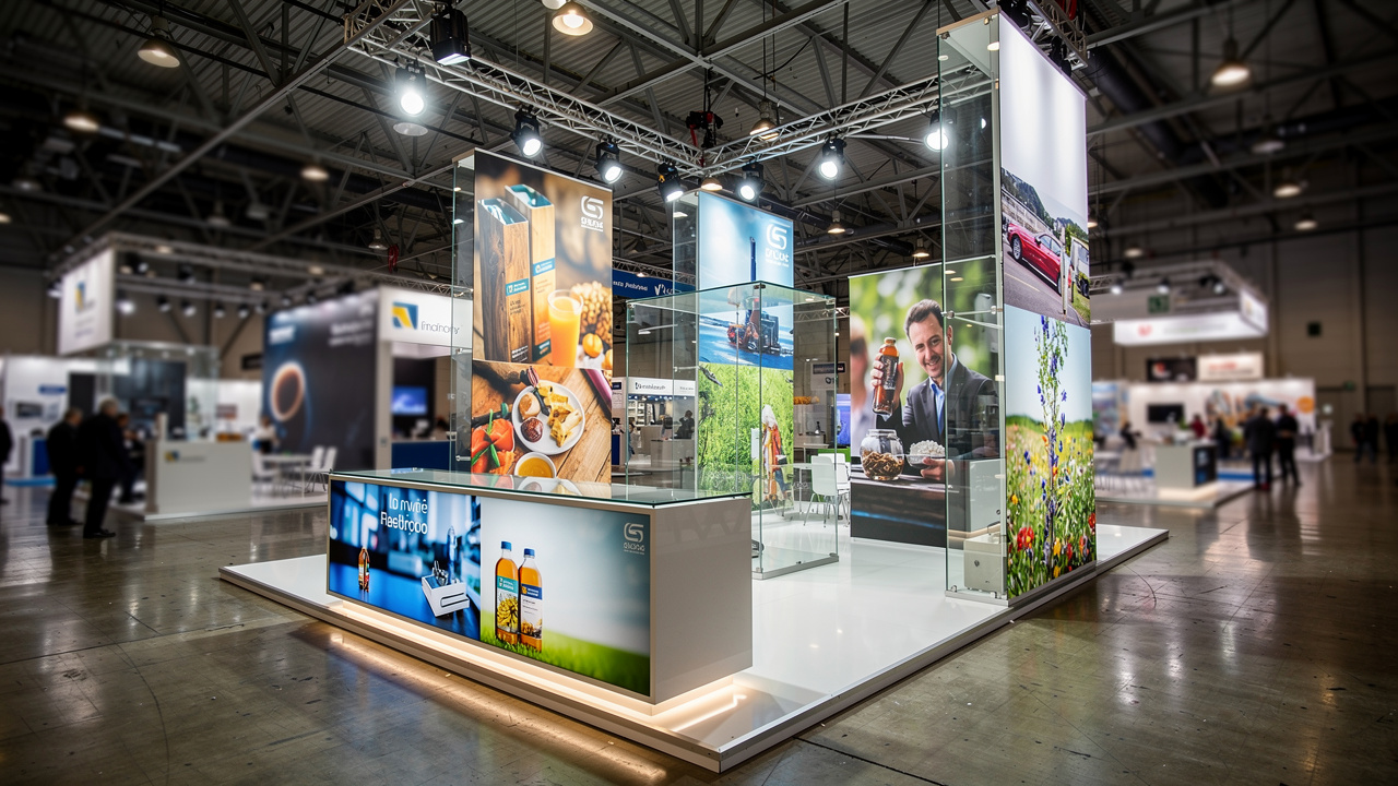 Premium exhibition stand with UV-printed glass panels at convention center