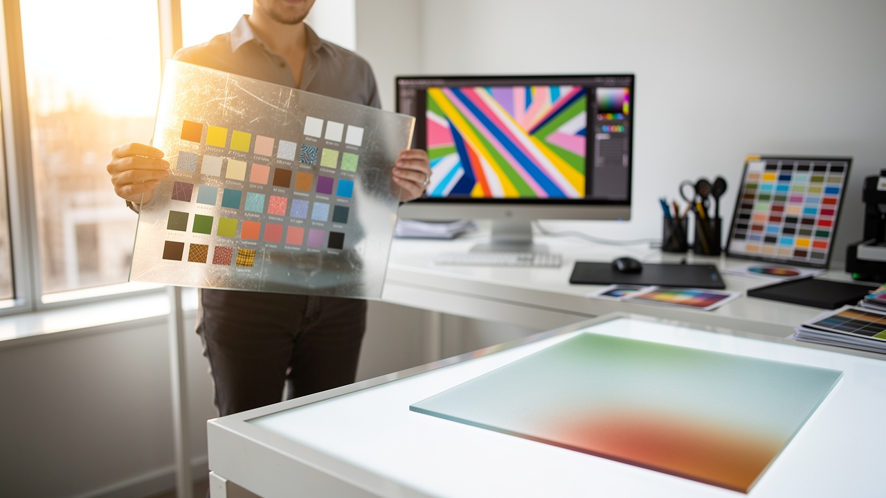 Designer reviewing printed glass color samples in a professional studio