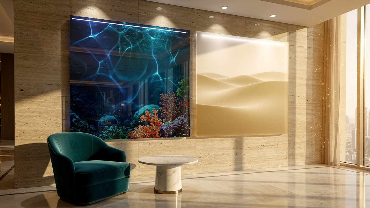 Gloss and matte acrylic wall art panels in hotel lobby
