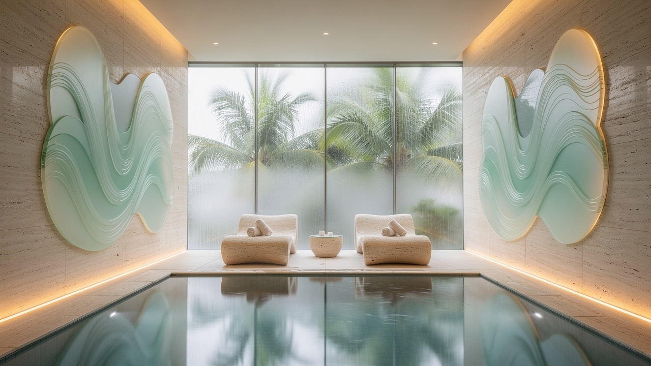 Hotel spa pool area with moisture-resistant acrylic printed panels