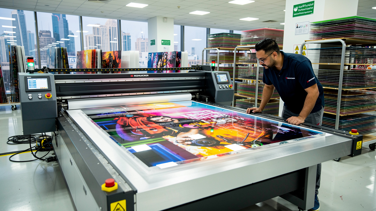 Industrial flatbed UV printer producing acrylic signage panels in Dubai
