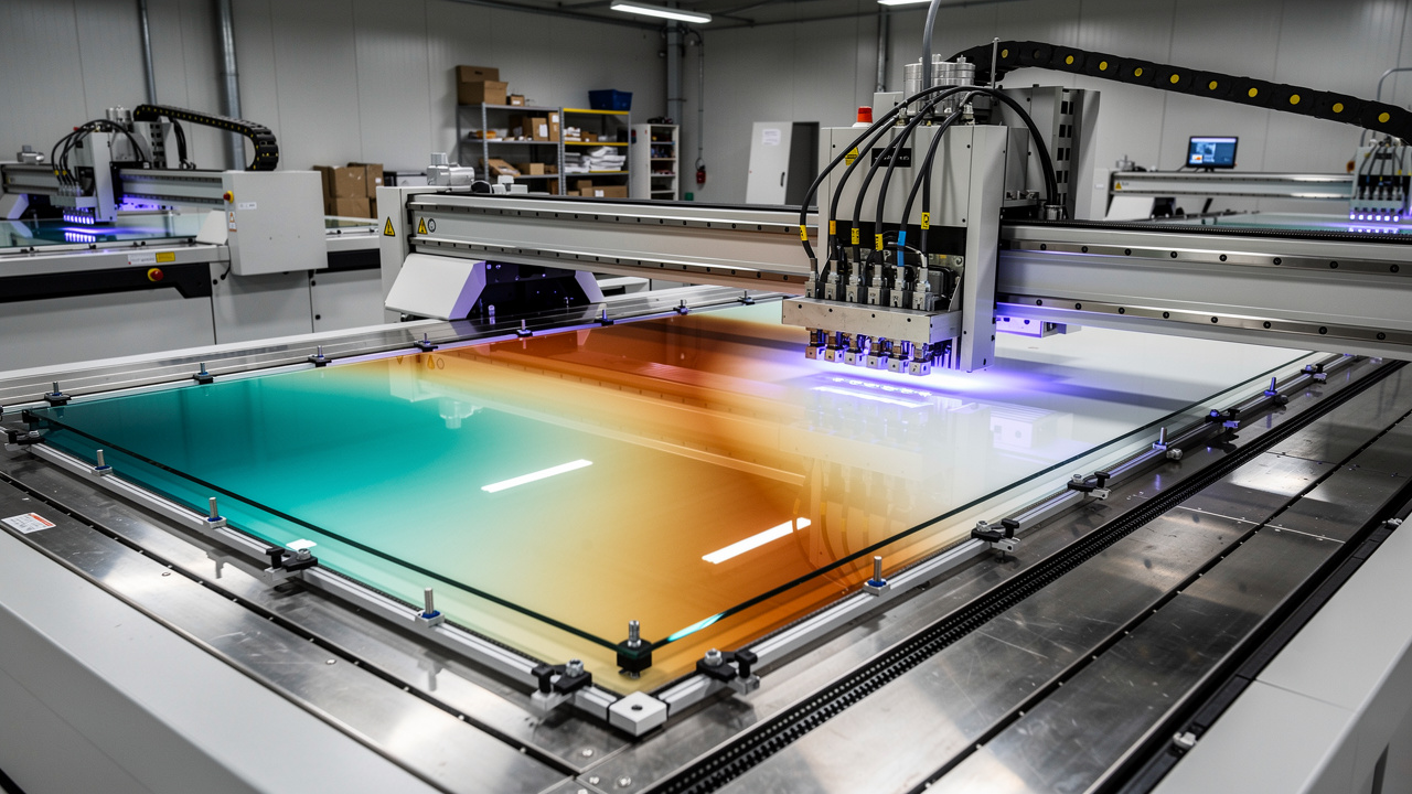 Industrial UV flatbed printer curing ink on glass panel
