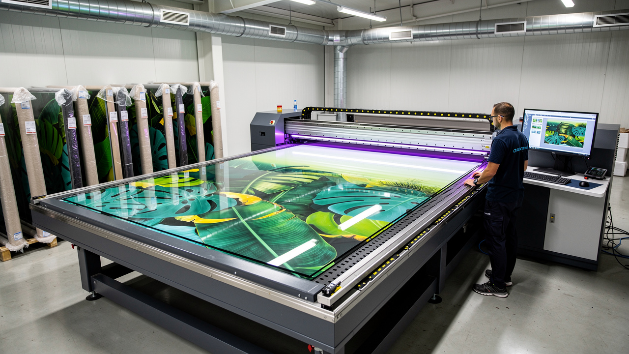 Large-format UV flatbed printer printing decorative glass panel