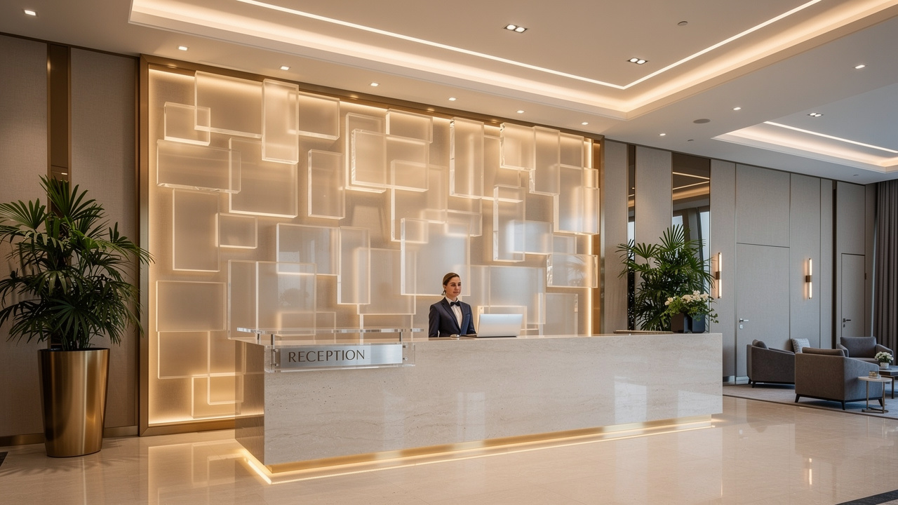Luxury hotel lobby featuring backlit acrylic reception wall panel