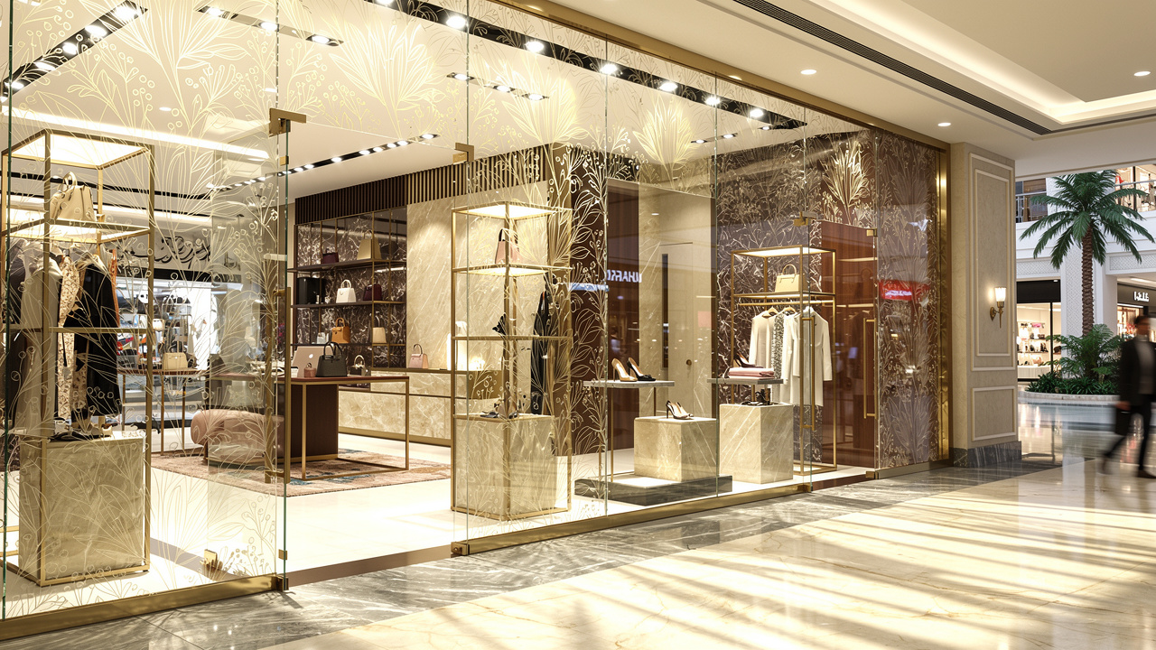 Luxury retail storefront with custom printed glass panels in UAE mall