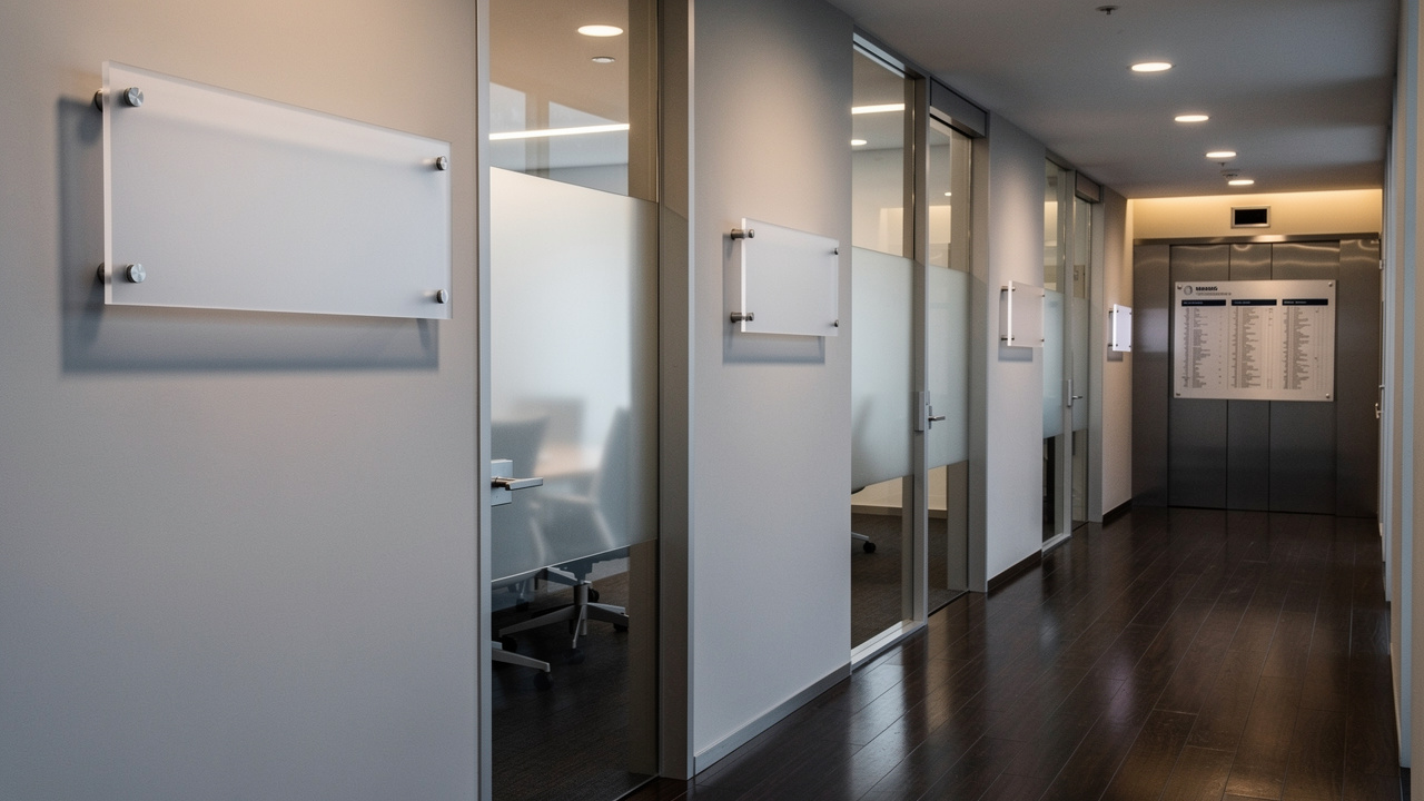 Corporate office corridor with frosted acrylic door signs and directory board