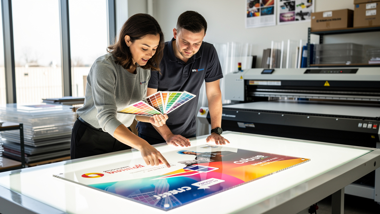 Designer and printing specialist reviewing a UV-printed acrylic panel together