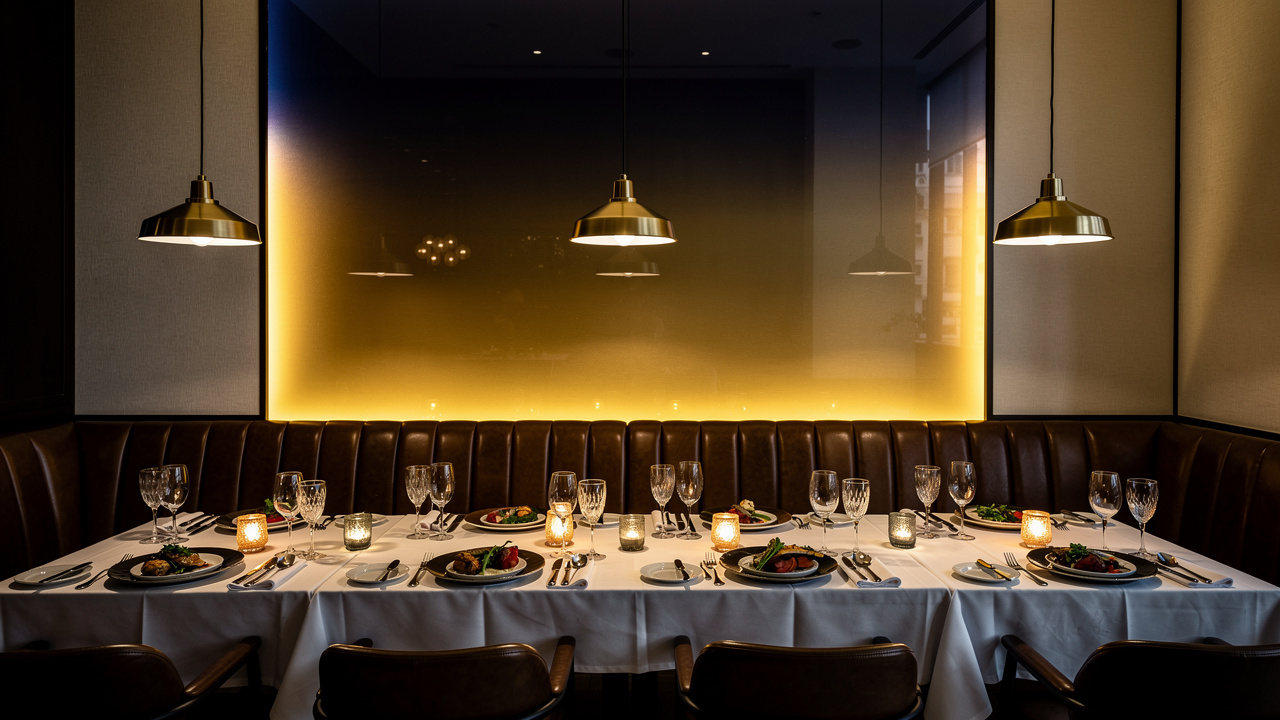 Upscale restaurant with glowing acrylic branded backdrop panel