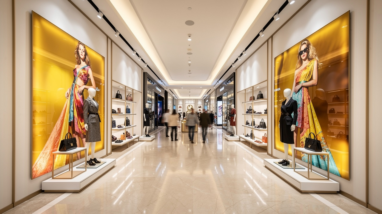 Luxury retail boutique with large acrylic lifestyle display panels