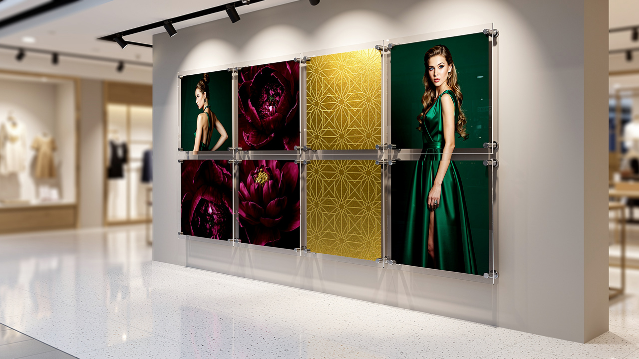 Vibrant UV printed acrylic display wall in luxury retail store