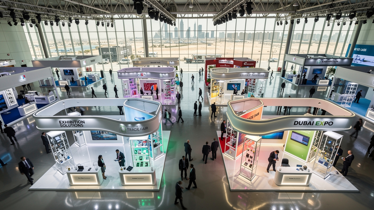 Aerial view of busy UAE trade show exhibition hall