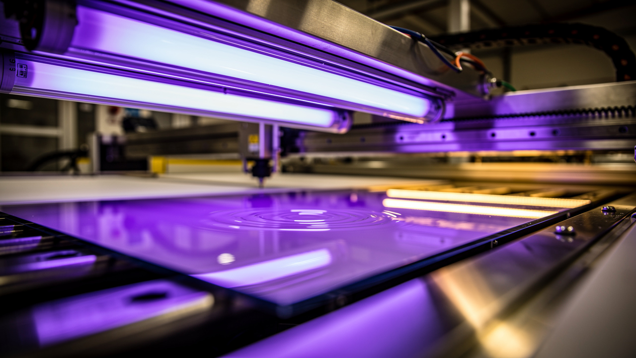 UV curing lamps hardening ink on a flat glass panel