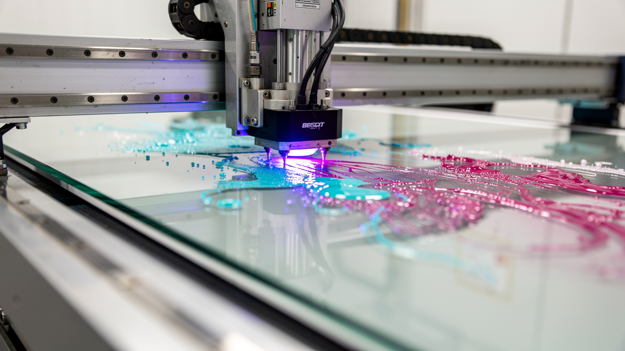 UV flatbed printer applying ink directly onto glass surface