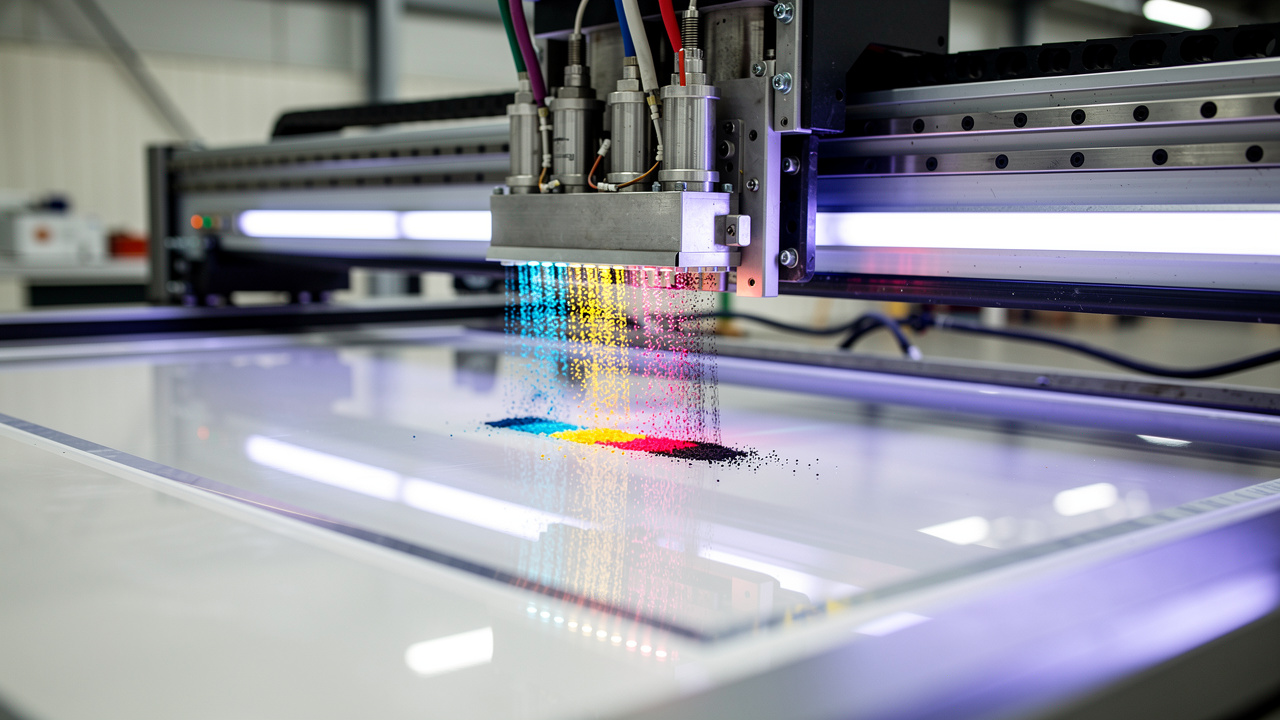 UV flatbed printer depositing ink on clear acrylic panel