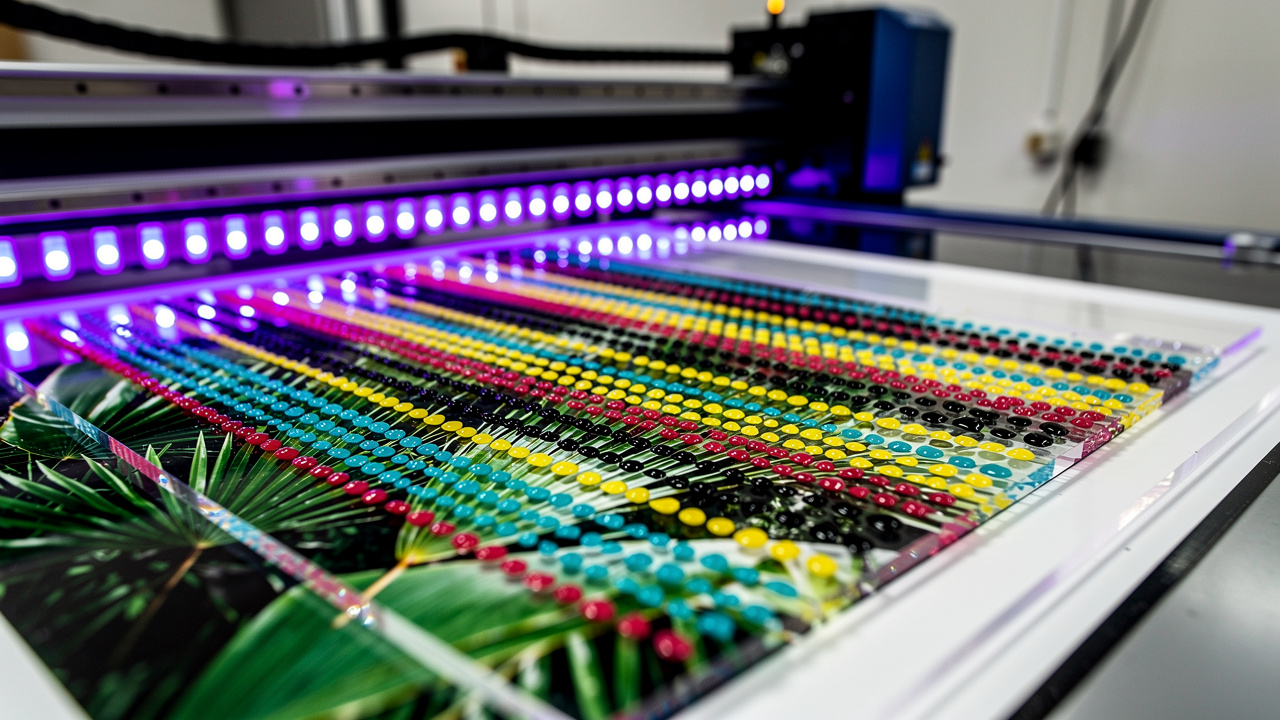 UV flatbed printer curing ink on clear acrylic sheet