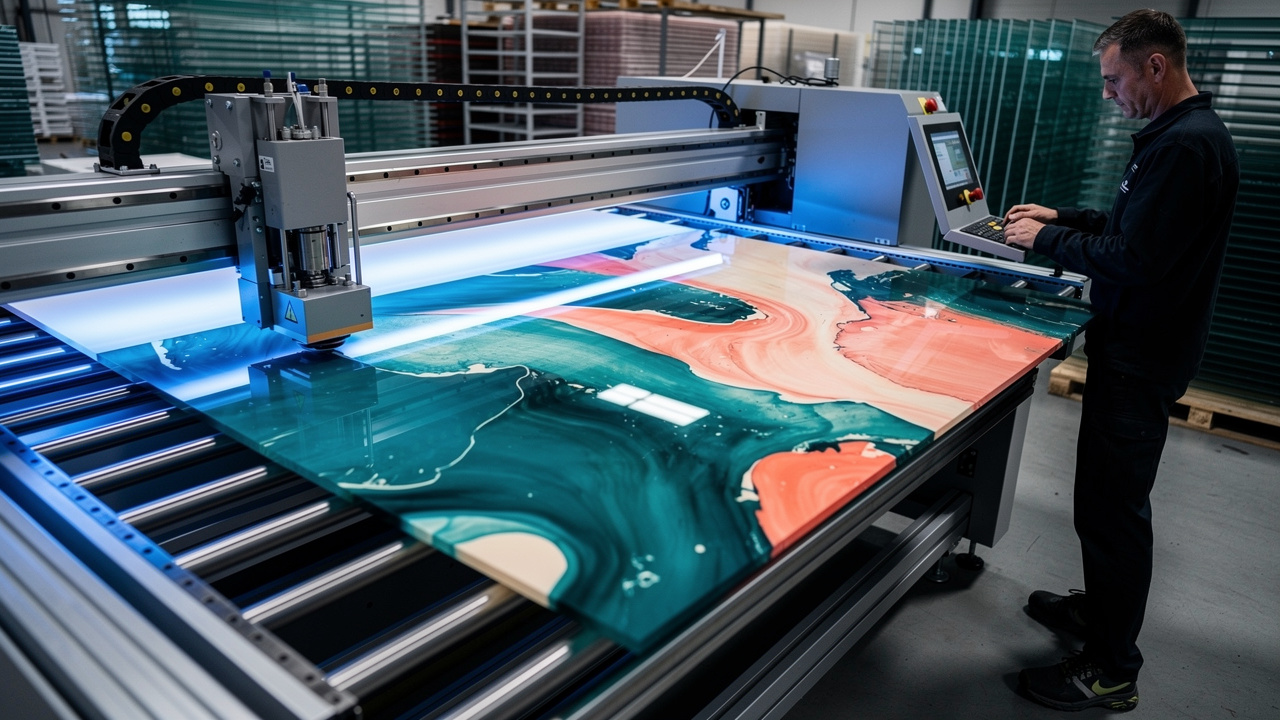 UV flatbed printer producing large acrylic panel in workshop