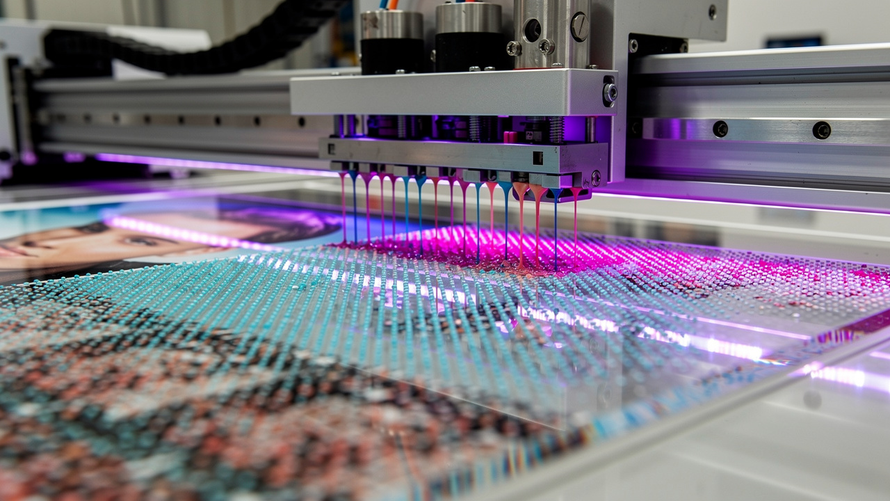 UV flatbed printer curing ink on a clear acrylic sheet