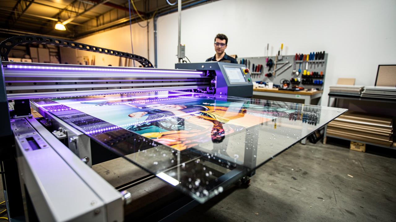 UV flatbed printer bonding vibrant inks onto clear acrylic sheet
