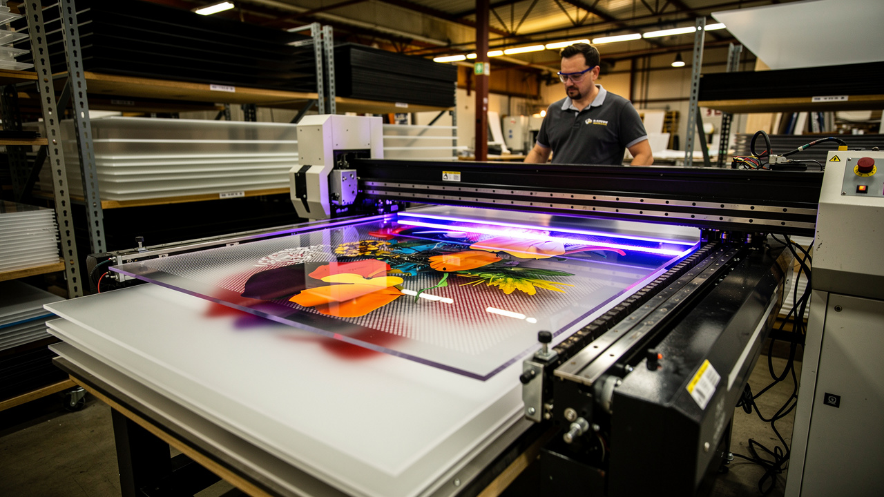 UV flatbed printer producing custom acrylic office signage panels