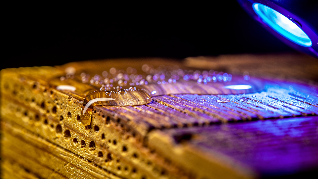 UV LED light instantly curing ink on natural wood surface