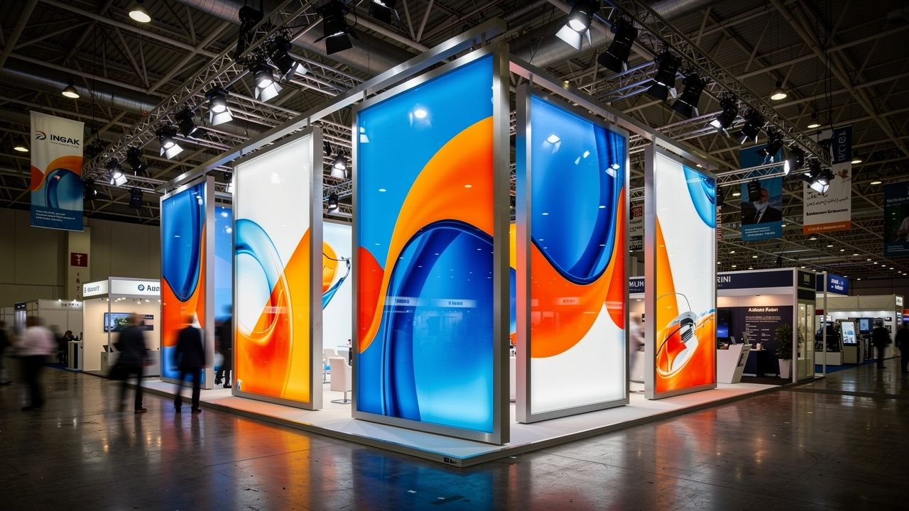 UV-printed acrylic panels on exhibition stand at Dubai trade show