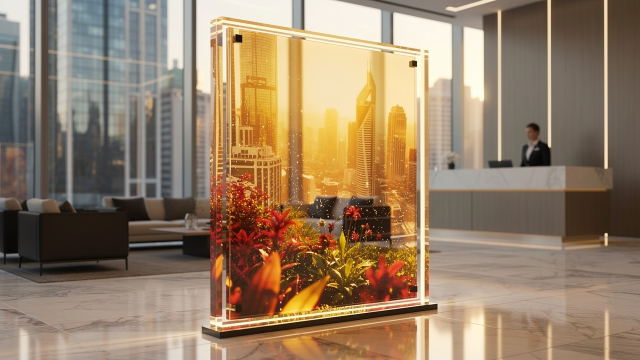 Large UV-printed acrylic feature wall panel in a Dubai corporate reception