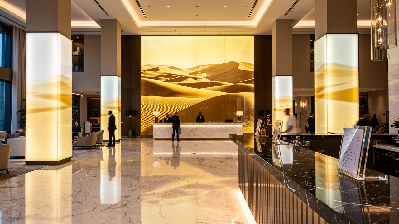 UV-printed acrylic panels in a luxury Dubai hotel lobby