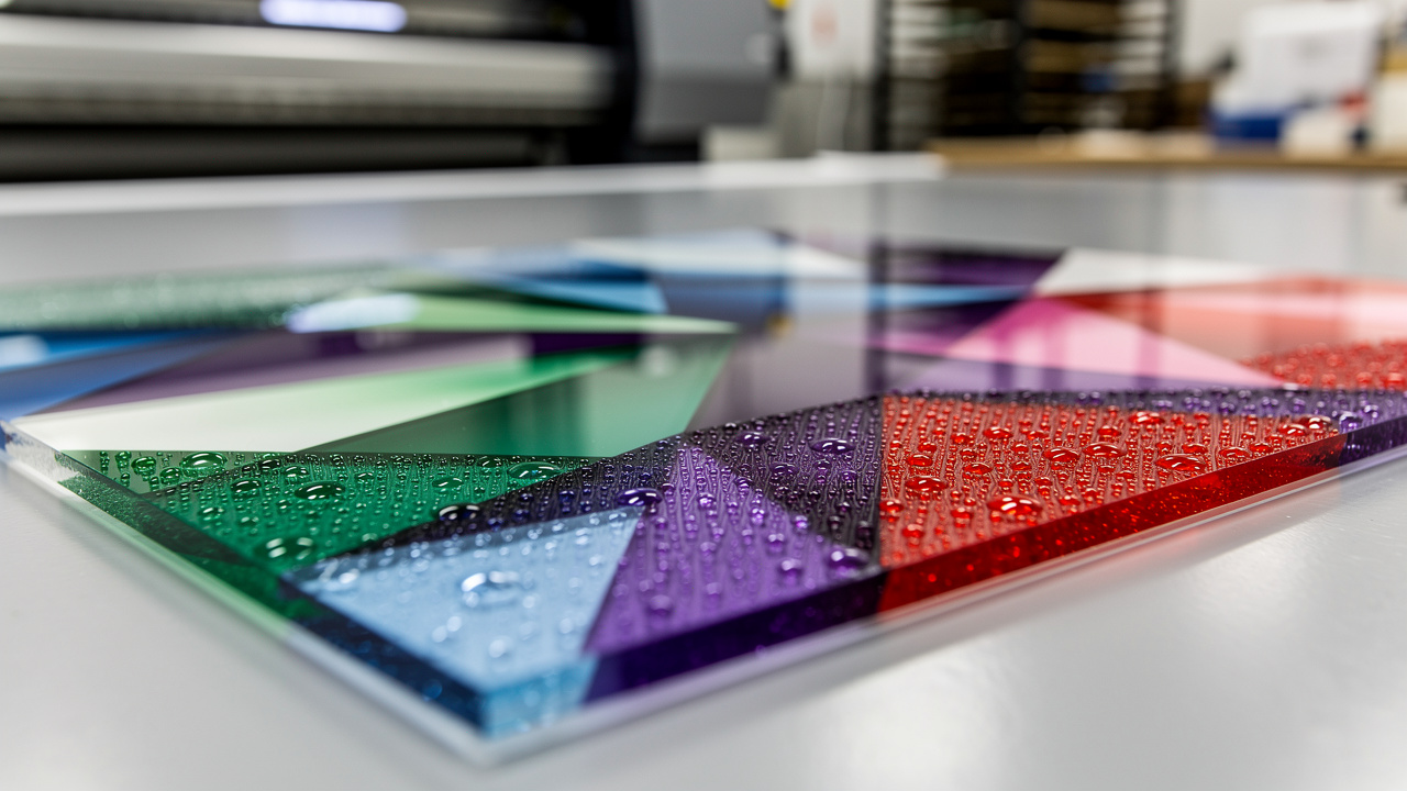 Close-up of UV ink bonded to acrylic panel surface