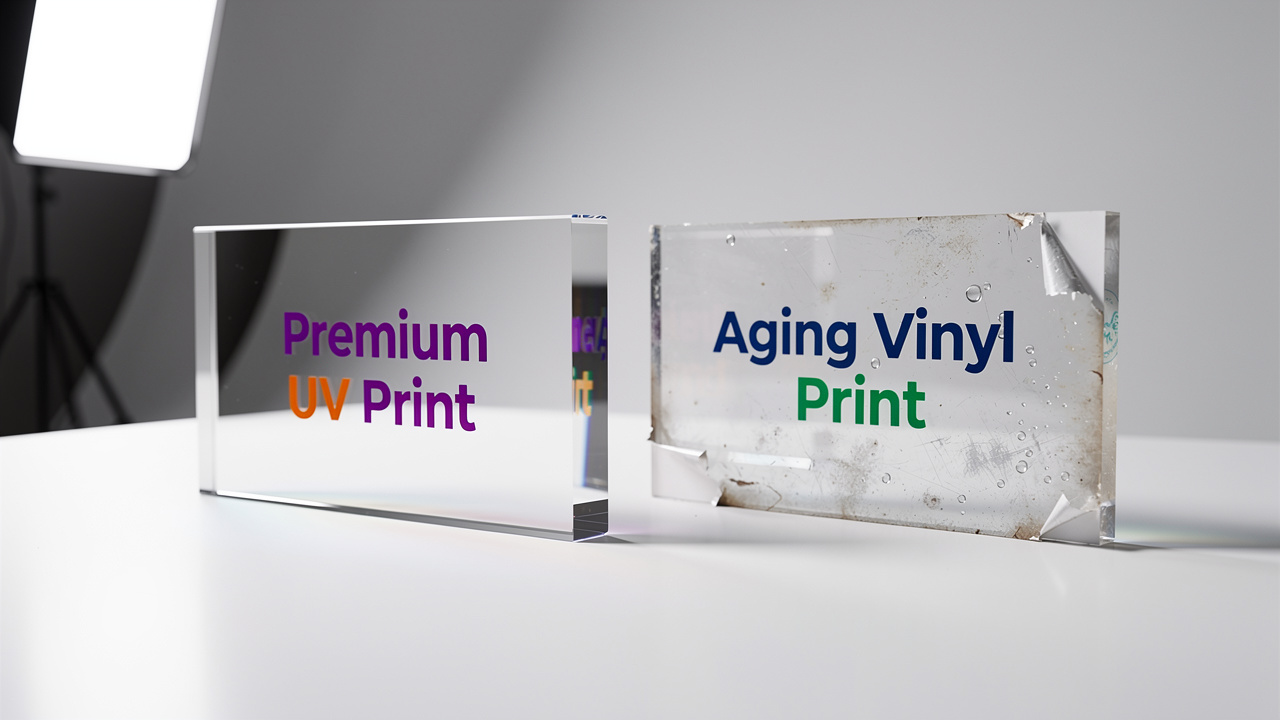 Comparing durable UV-printed acrylic panel against worn vinyl graphic
