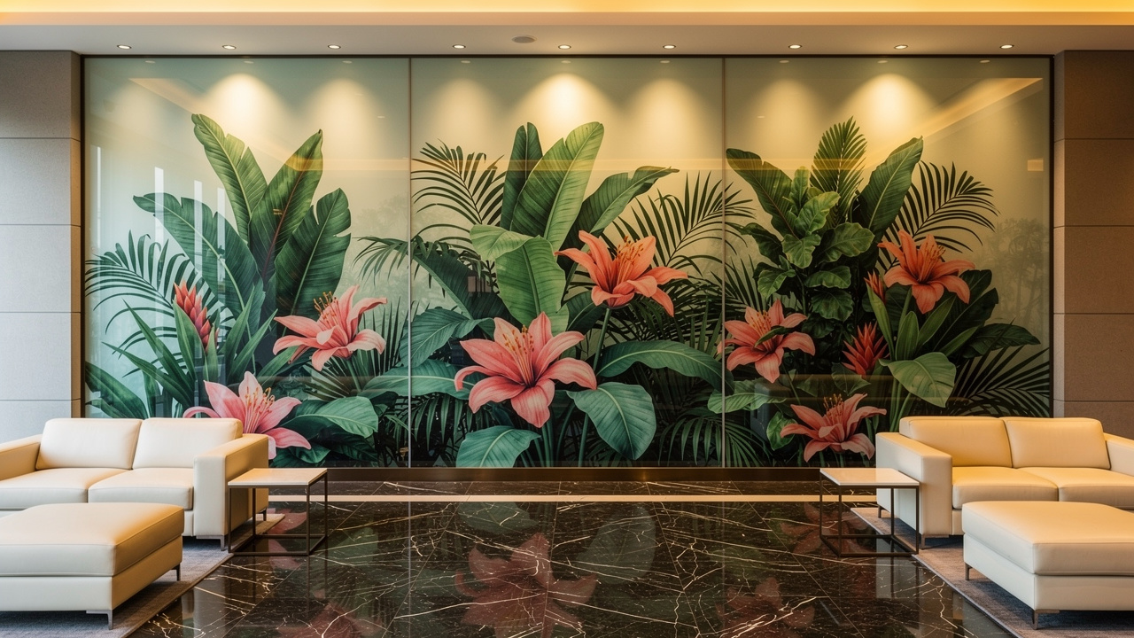 UV printed botanical glass feature wall in hotel lobby