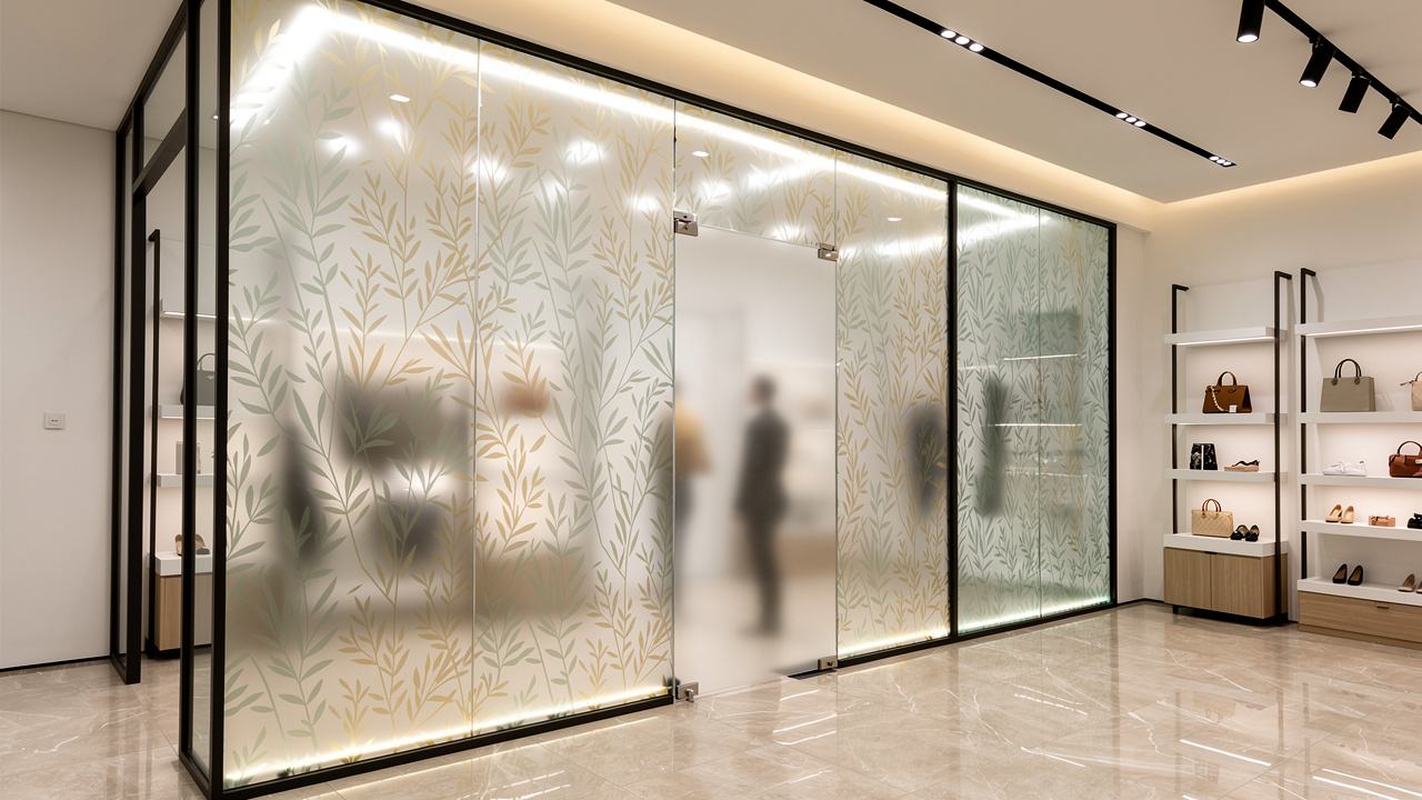 Dubai retail boutique with UV-printed decorative glass partition