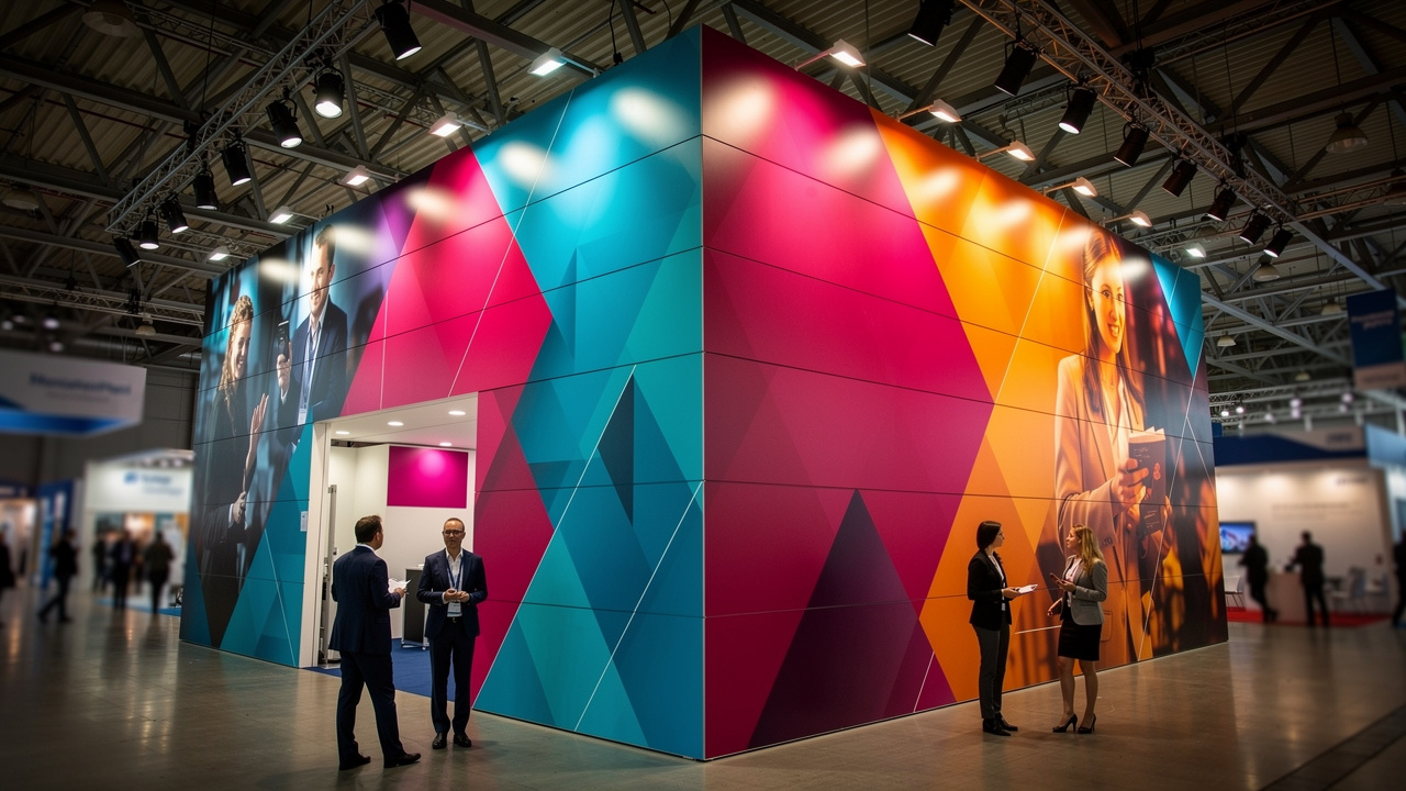 Large UV-printed MDF panels forming a corporate trade show exhibition booth