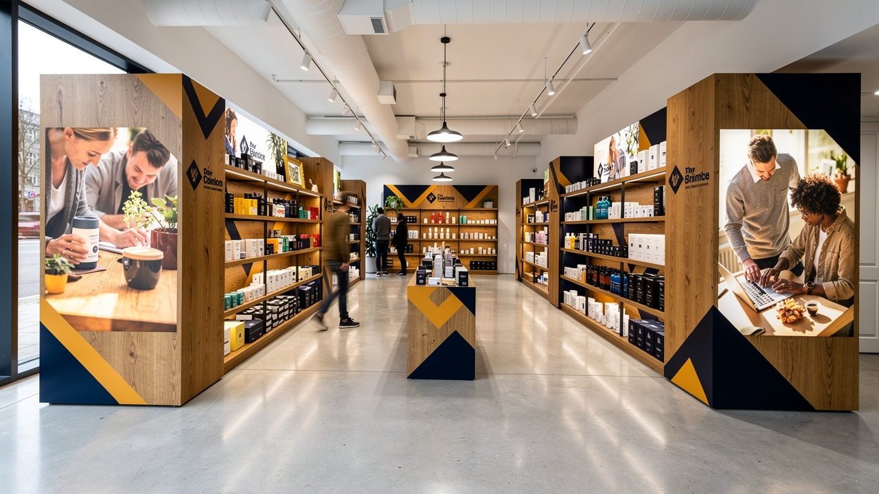 Upscale retail store featuring UV-printed wooden branded display panels