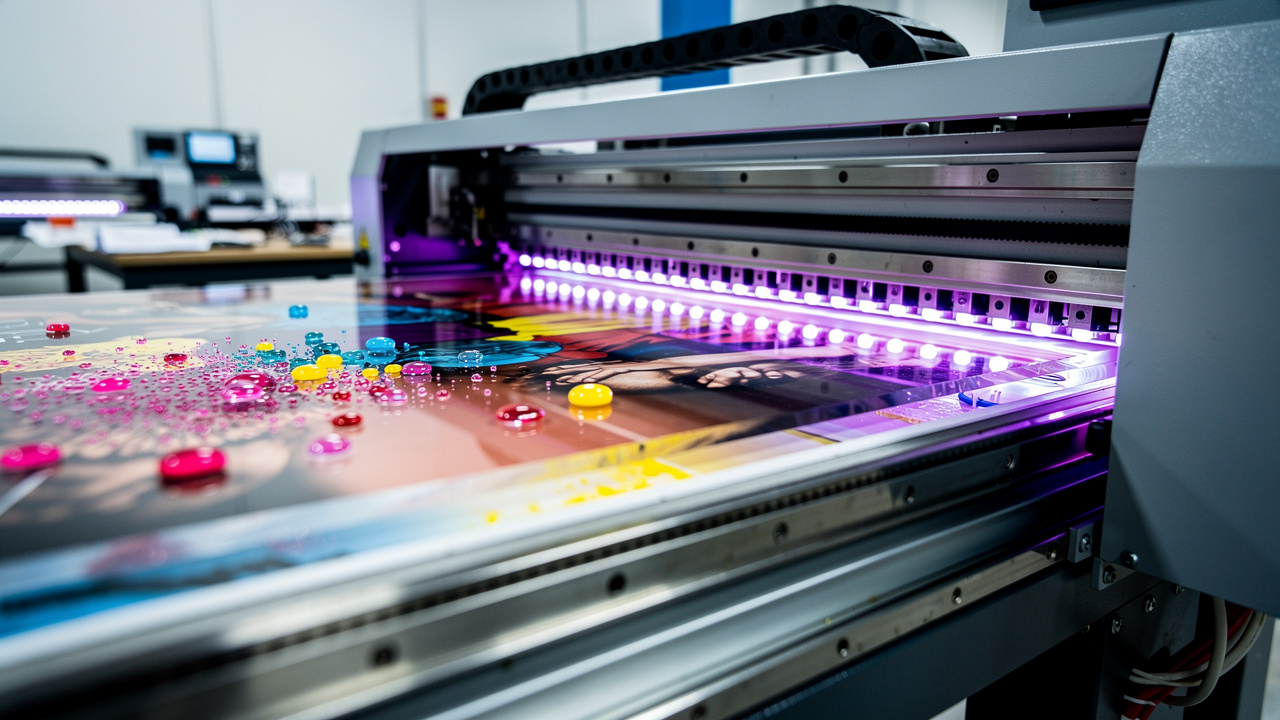 UV flatbed printer applying ink onto acrylic panel