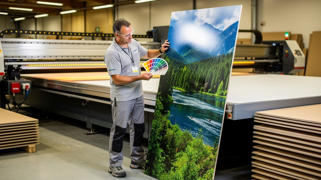 Printing technician inspecting UV-printed MDF panel for color accuracy
