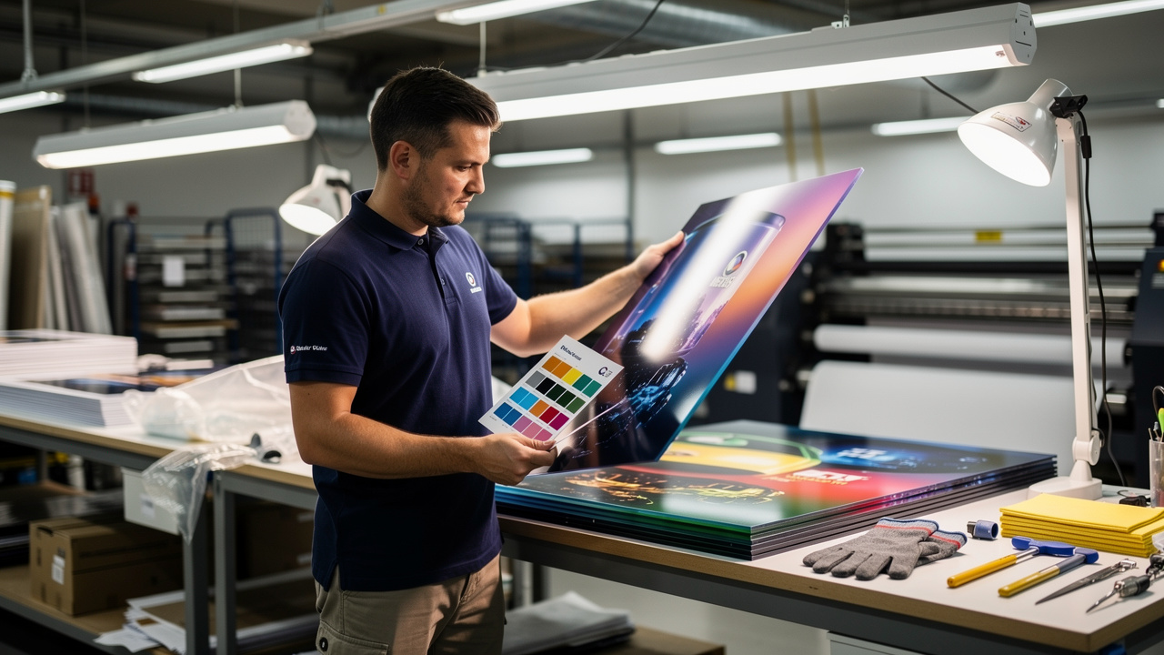 Technician inspecting printed acrylic panel quality control
