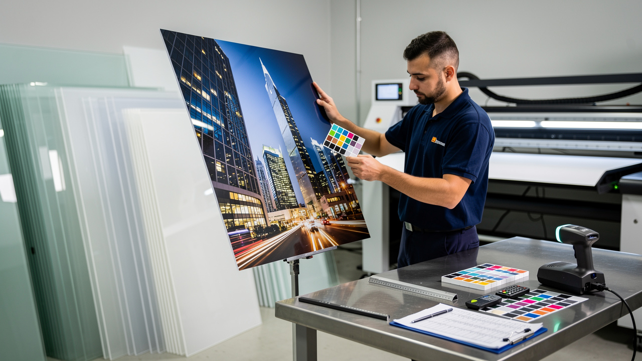 Technician inspecting UV-printed acrylic panel in Dubai print facility