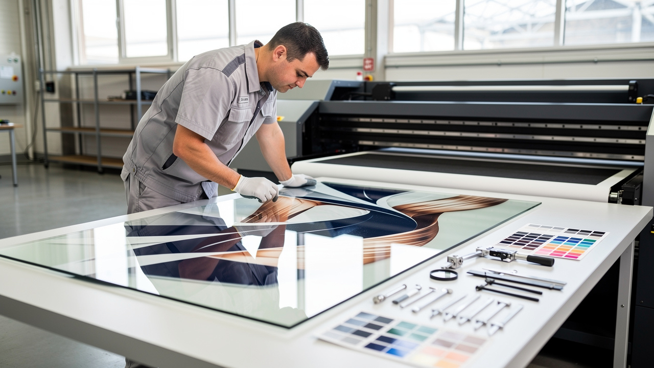 Printing technician inspecting UV-printed glass panel for quality