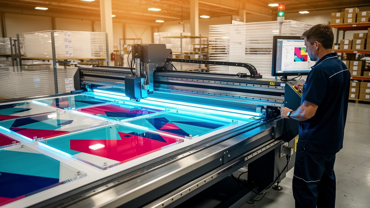 Industrial UV flatbed printer producing acrylic sign panels